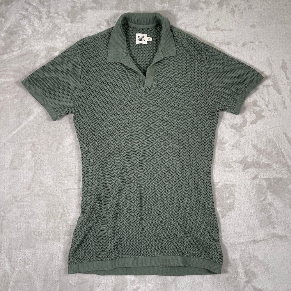 Flint And Tinder Men's Polo Shirt Crochet Knit Textured Huckberry M Green